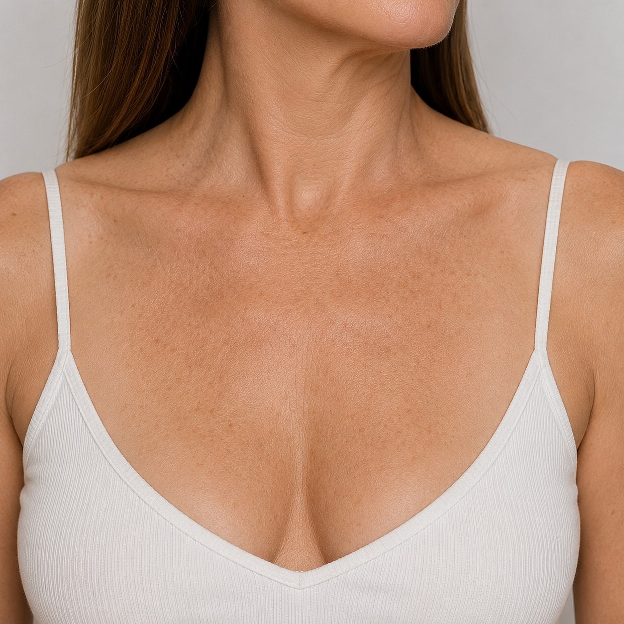 Close-up of a woman's neckline and skin.