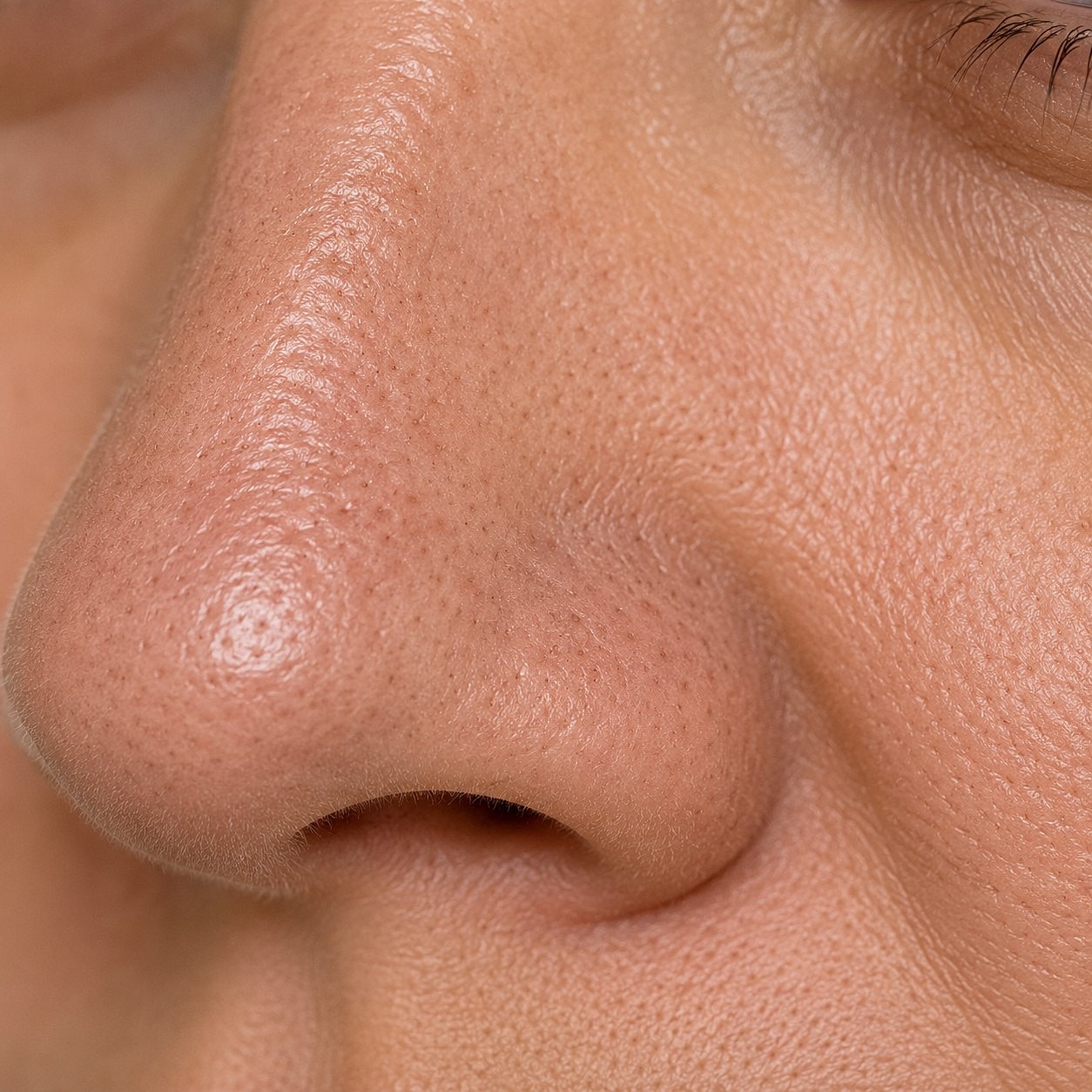 Close-up of a human nose and skin texture.