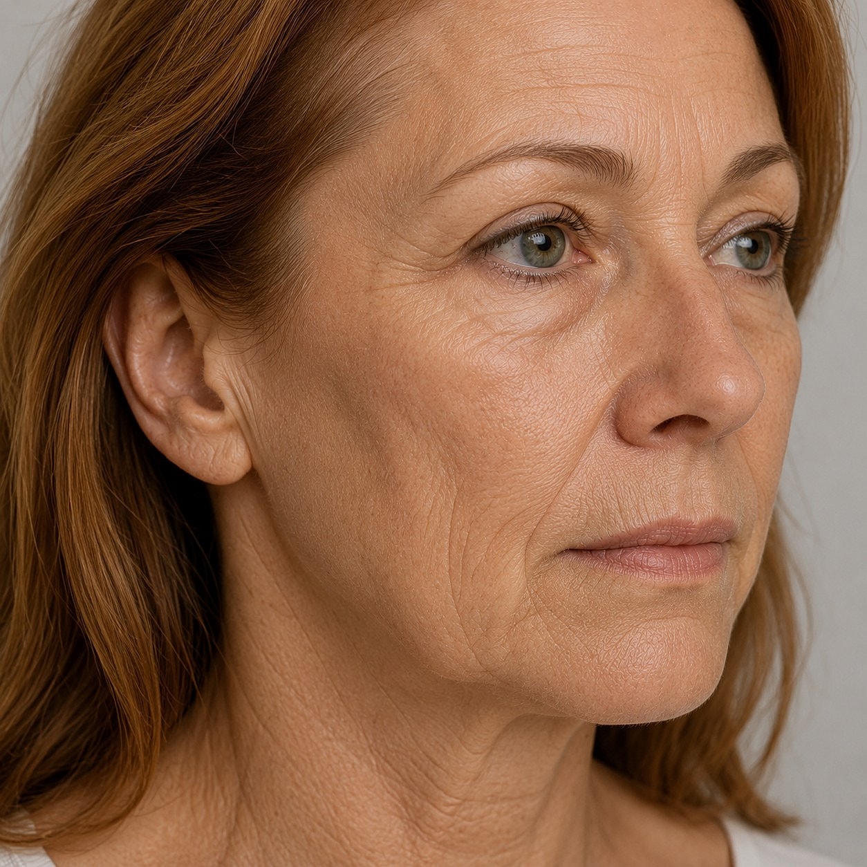 Close-up of mature woman’s profile with soft features.